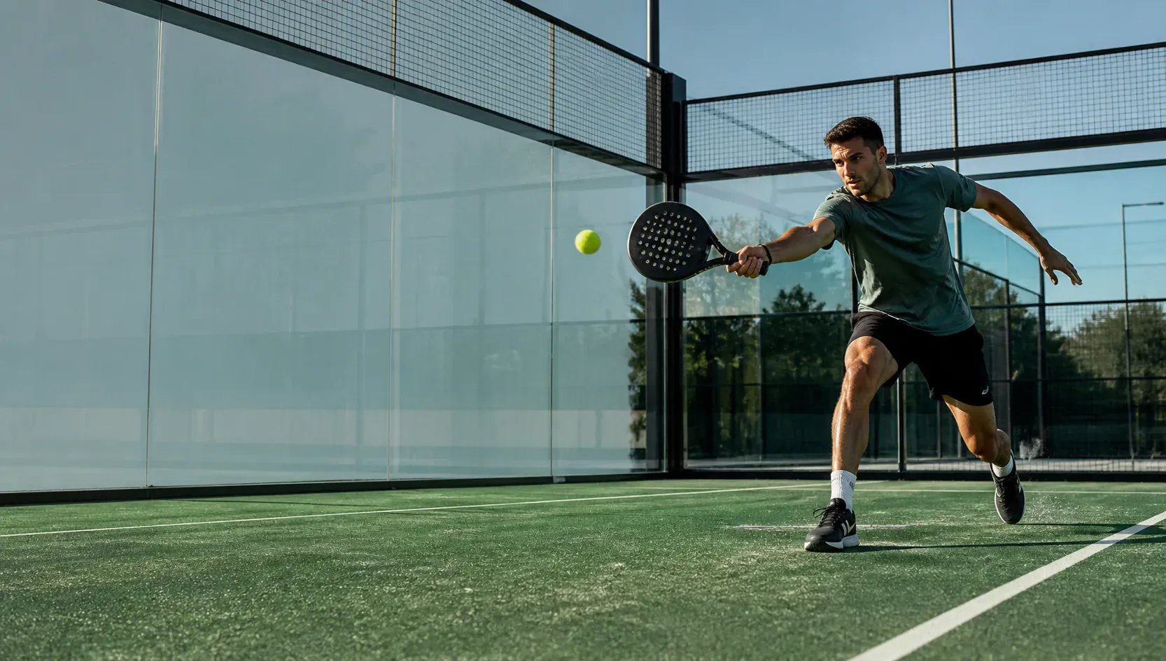 A padel player reaching for a volley on a glass court